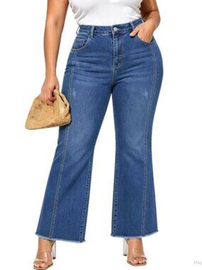 Plus Size Flare Jeans Mid Rise Raw Hem Denim Pants